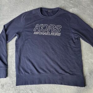 Michael Kors Mens M Sweatshirt Navy Blue Graphic Logo Crew Neck Pullover